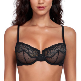 Чорний бюстгальтер Lemorosy з кісточками, мереживний, напівпрозорий, балконет, без підкладки, сітка, 75E