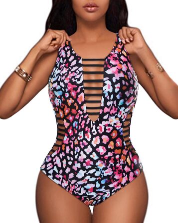 Світшотний купальник Aqua Eve для жінок з глибоким V-подібним вирізом та вирізами, неонове леопардове забарвлення (XL)