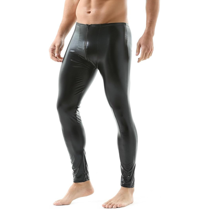 Чоловічі штани-легінси з екошкіри QiaTi, чорні, на блискавці, облягаючі