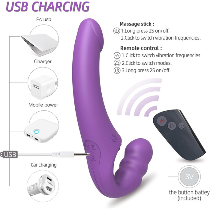 Вібратор для пар з двома головками та пультом керування - 15 режимів, для стимуляції клітора та G-точки, фіолетовий