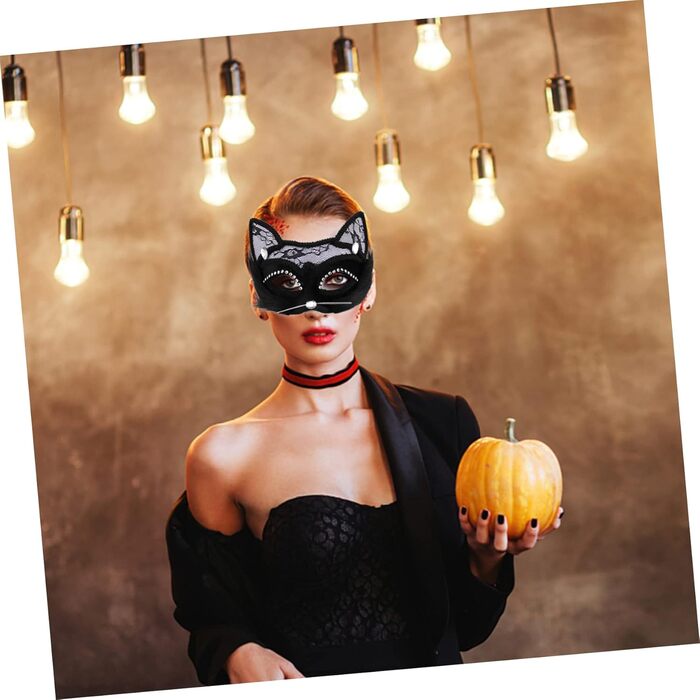 Маска котячого обличчя Holibanna для Хелловіну, 8 шт. - чорна маска, маска для карнавалу, плюшеві маски з мереживом