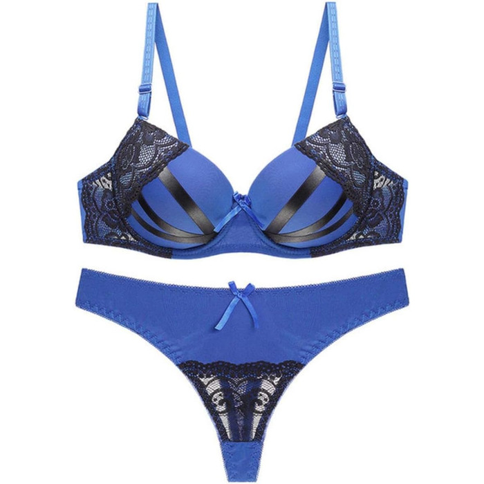 Комплект жіночої білизни Push Up з мережива, екзотичний дизайн, V-подібний виріз, сексуальний набір, бежевий, блакитний (Китай)