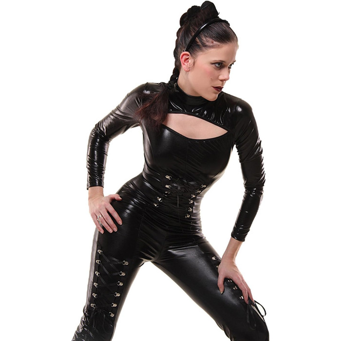 Комбінезон з лайкри YourFetishWorld, ефект латексу, шнурівка, чорний, L