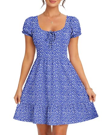 Сукня літня AUSELILY жіноча з коротким рукавом, принт, висока талія, пляжна, міні, з кишенями, блакитна підкова (M)