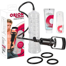 Насос для ерекції Orion - інтенсивний вакуумний насос для чоловіків, для тренування потенції, імітація орального сексу, перезаряджається, прозорий/чорний (6-piece set)