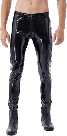 Чоловічі шкіряні лосини Wetlook з еластичною тканиною, обтягуючого крою, чорного кольору. Лосини з еластичною тканиною, обтягуючого крою, з кишенею, чорного кольору.