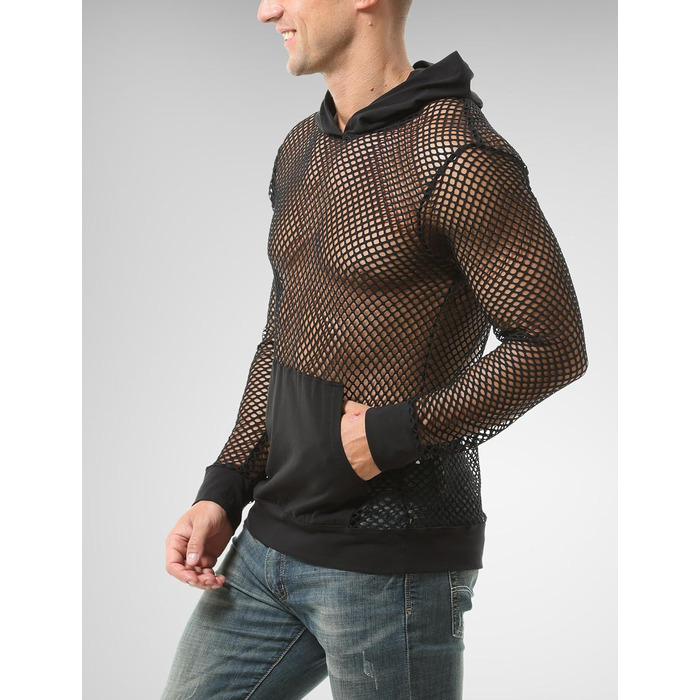 Чоловіча сітчаста сорочка AIEOE: дихаюча, з довгим рукавом, мереживна, сексуальна клубна сорочка, прозора сітчаста сорочка, чорна