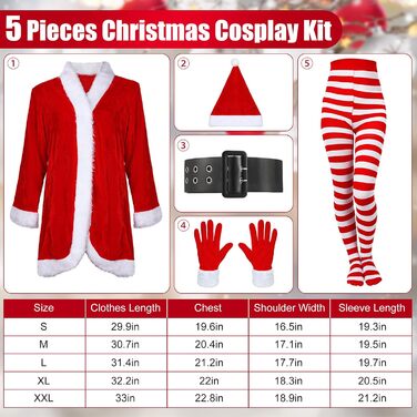 Костюм Діда Мороза для жінок Funtery, 5-частинний комплект: комбінезон, пояс, шапка, смугасті панчохи, рукавички. Жовтогарячий, зелений (червоний/для прогулянок, однотонний, розмір L)