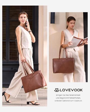 Жіноча сумка для ноутбука LOVEVOOK 15,6 дюймів, велика ділова сумка-шопер з водонепроникної шкіри PU для роботи, навчання та офісу, коричнева