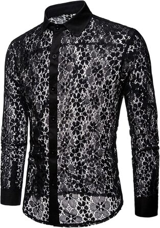 Чоловіча прозора сорочка з квітковим принтом Crongless, мереживо, застібка на ґудзики, довгі рукави, повсякденна сорочка для вечірок (XXL, чорний)