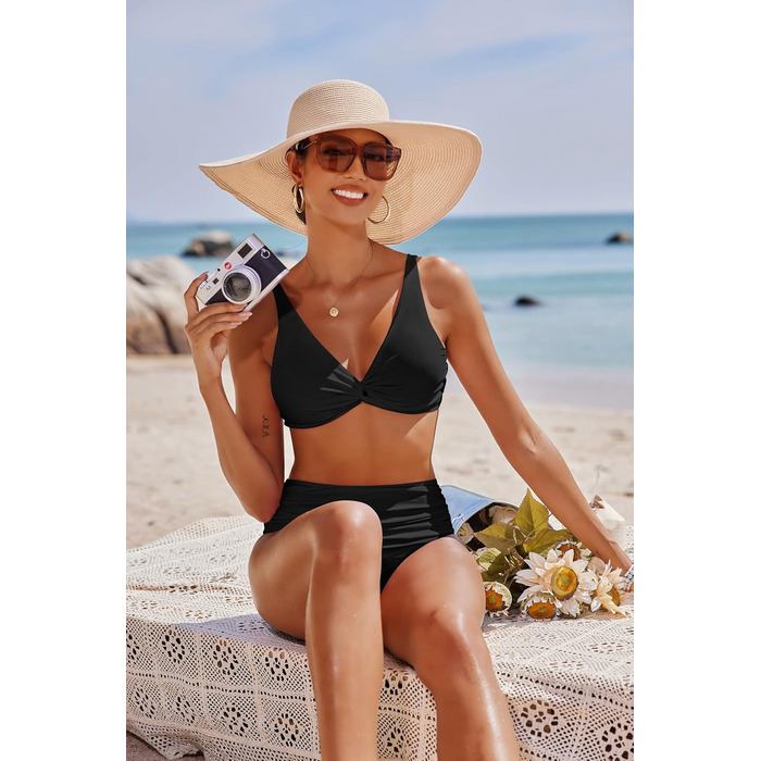 Бікіні Ecouaer для жінок: комплект з високою талією, корегуючий животик, push-up, чорний, S-XXL