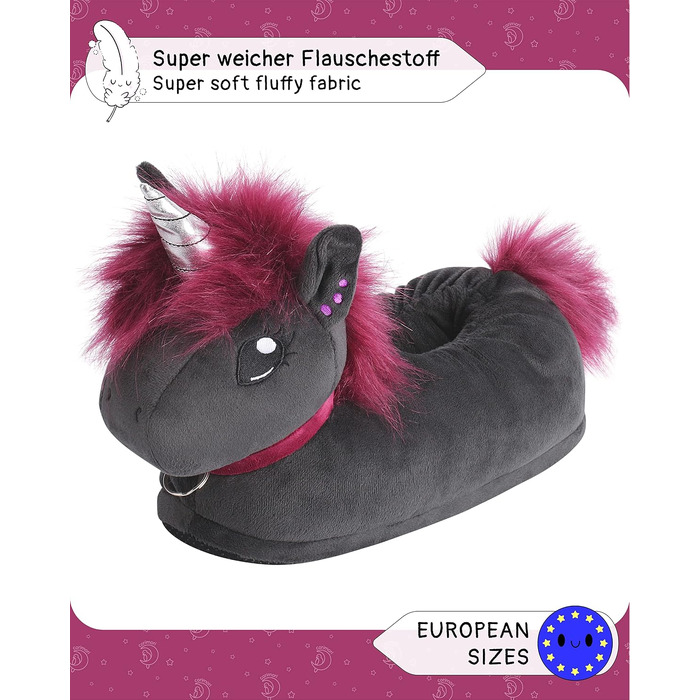 Плюшеві капці для дому corimori Ruby das Punk Einhorn (Єдиноріг), чорно-рожеві, гнумка підошва, розмір 34-44 EU