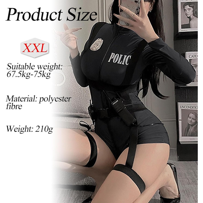 Костюм поліцейського 3-в-1 BDSMJOY для жінок, сексуальний косплей поліцейської, аксесуари: наручники, капелюх, чорний, XXL