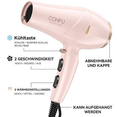 Професійний фен для волосся CONFU 2300W з іонною технологією, дифузором та вузьким соплом, AC-мотор, 3 температурних режими, рожевий