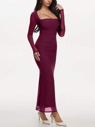 REORIA Макі сукня для жінок з довгими рукавами для гостей на весілля. Прозора сітчаста тканина, квадратний виріз, обтягуючий силует. (Кордован, XS)