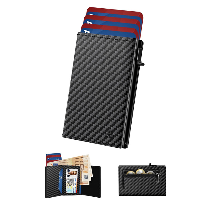 Чоловічий шкіряний картхолдер dwnkove Slim Wallet: смарт-гаманець з Pop-Up механізмом, RFID захистом, відділенням для монет та вікном для ID, Carbon Design