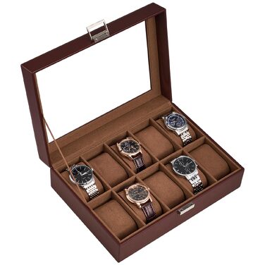 Бокс для годинників ProCase на 10 слотів із скляною кришкою, шкіряний футляр для зберігання годинників з подушками, коричневий