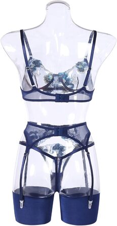 Сексуальна спідня білизна Dessous для жінок: комплект з бюстгальтером, трусиками та стрінгами з мереживом, 4 шт. (темно-синій)