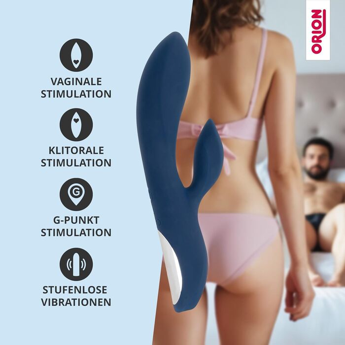 Вібратор ORION Rabbit-Vibrator: інтенсивна стимуляція, вагінальна та кліторальна, 10 режимів, блакитний, 20 см