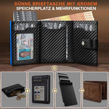 Чоловічий шкіряний гаманець TENBST з RFID-захистом, монетницею та відділенням для 8-10 карток, Slim Wallet (Чорний та Помаранчевий/Синій)