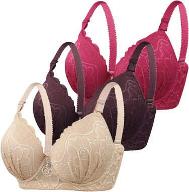 XCXC 3 шт. бюстгальтер для жінок з кісточками Push Up мереживний, з регульованими бретелями, для великої груди, класичний комплект бюстгальтерів для жінок, зручна білизна