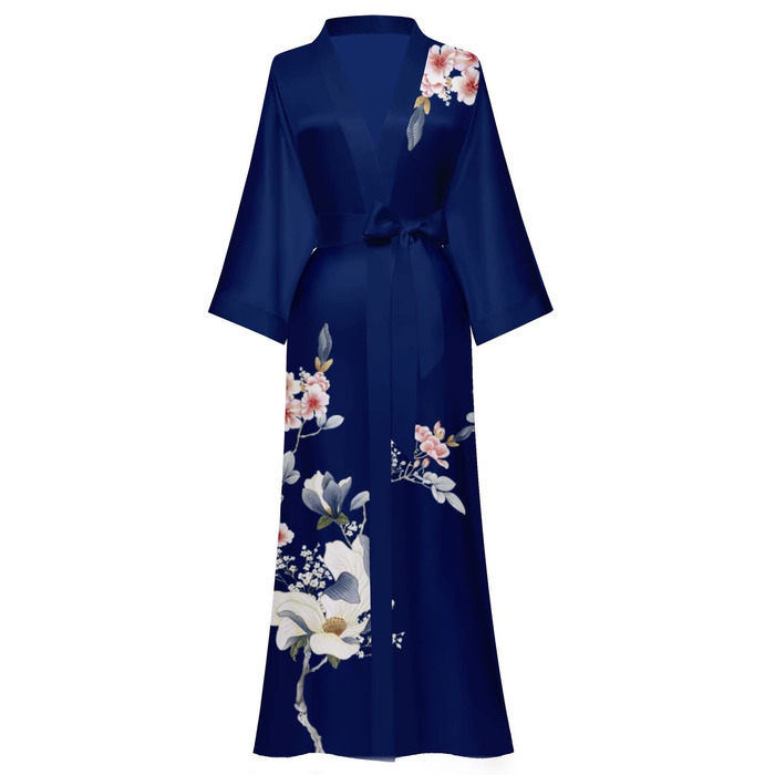 Жіночий шовковий халат-кімоно Moreone з квітковим принтом, довгий, нічна сорочка, атласний халат для нареченої та подружок нареченої (5-marine)