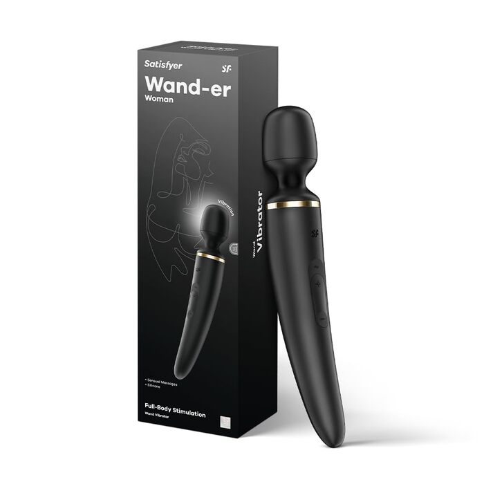 Satisfyer Wand-er Woman: Масажер для тіла з 50 вібраційними режимами | Секс-іграшка, тихий та потужний | Електронний масажер для жінок та чоловіків | Компактний вібратор для всього тіла | Чорний колір, 1 шт.