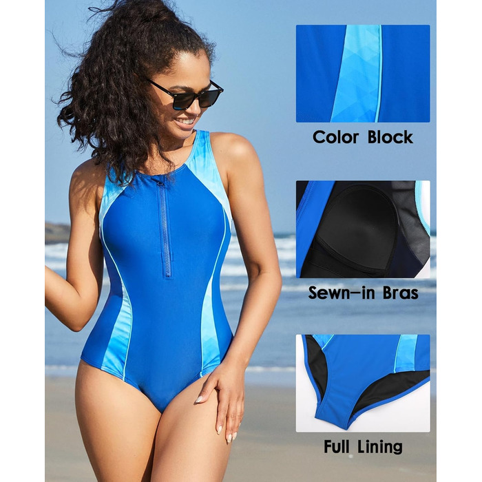 Купальник жіночий Charmo з животом, спортивний, з блискавкою спереду, блакитний/темно-синій, з чашками