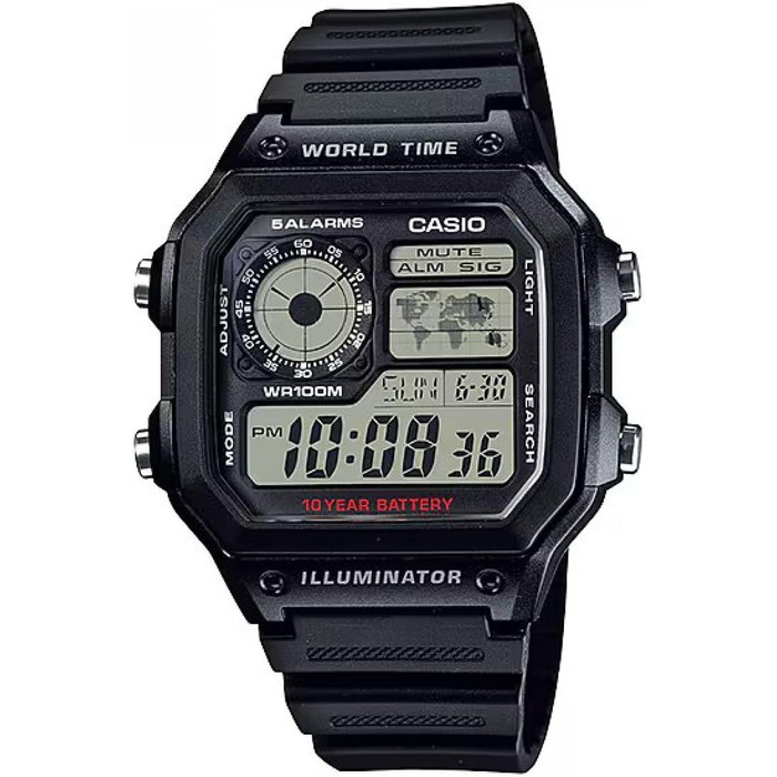 Чоловічий цифровий годинник Casio AE-1200WH-1AVEF зі сталевим ремінцем, водонепроникний, чорний
