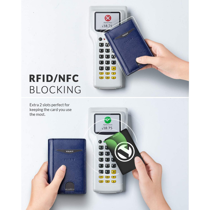 Чоловічий шкіряний картхолдер VULKIT з RFID/NFC захистом, тонка гаманець-портмоне на 10 карток, темно-синій