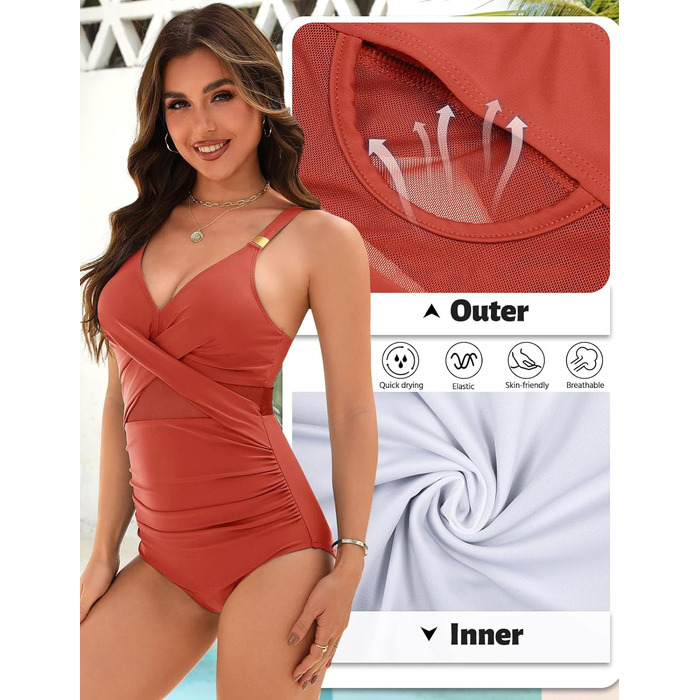 Спортивний купальник для жінок з ефектом тасування живота, великі розміри, push-up, висока талія, з чашками, Bademode (Оранжевий, L)