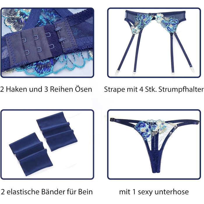 Сексуальна спідня білизна Dessous для жінок: комплект з бюстгальтером, трусиками та стрінгами з мереживом, 4 шт. (темно-синій)