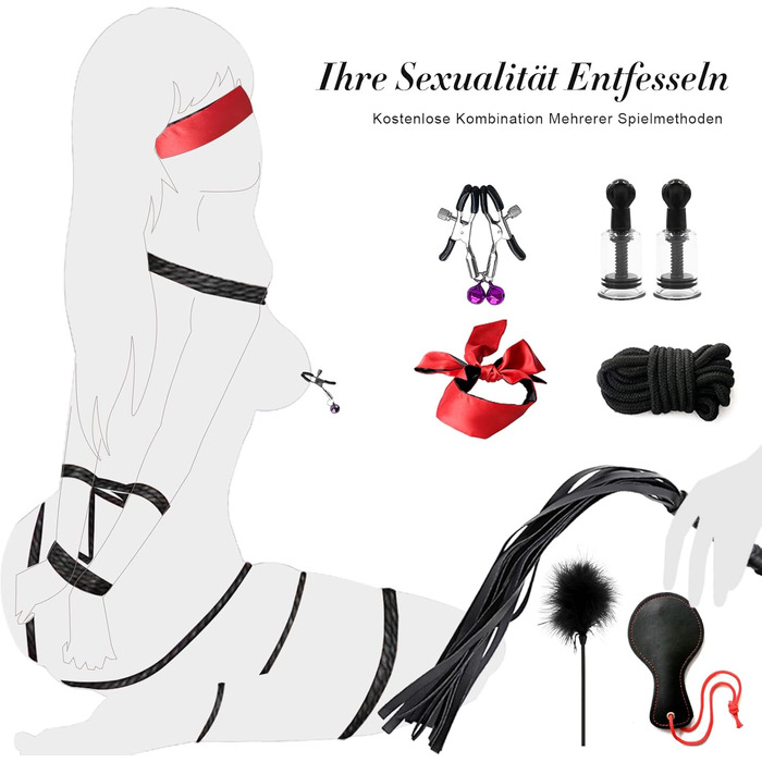 Набір для БДСМ: кайдани, анальний плаг, петиша, маска для очей, набір 28 шт. (червоний)