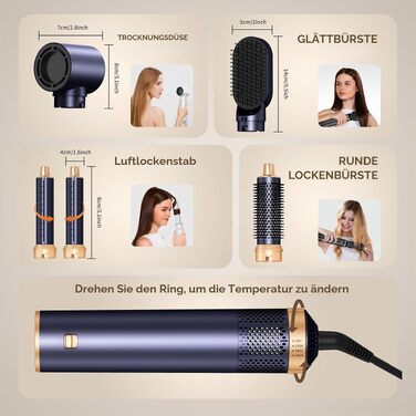 Мультистайлер для волосся 5 в 1 UKLISS Airstyler: фен, вирівнювач, гофре та круглі щітки для укладки, чорний з синім