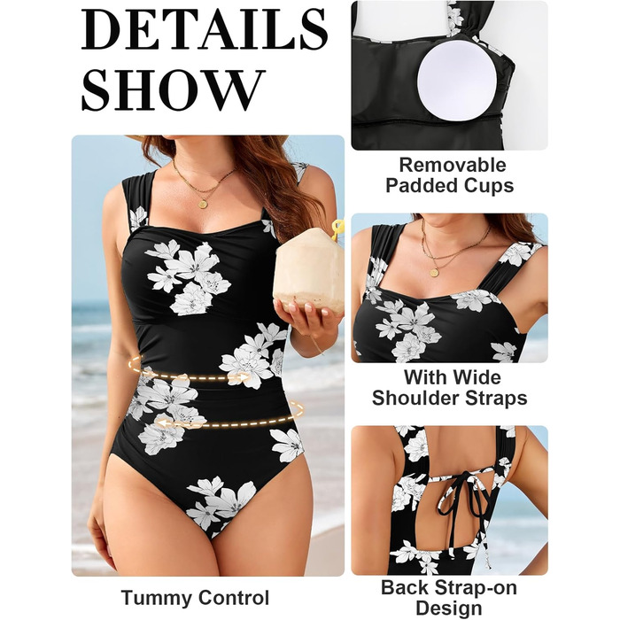 Світшот купальник жіночий цілісний з животом Push Up, вінтажний, великий розмір, чорний з білими квітами