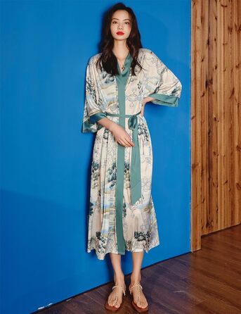 Жіночий халат з довгим рукавом з шовку, сатин, кімоно, квітковий принт, універсальний розмір