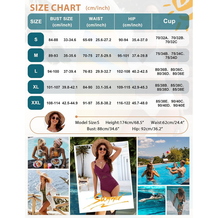 Спортивний купальник для жінок з ефектом талії, великі розміри, Push Up, висока талія, з чашками, Bademode (Lila Rot, S)