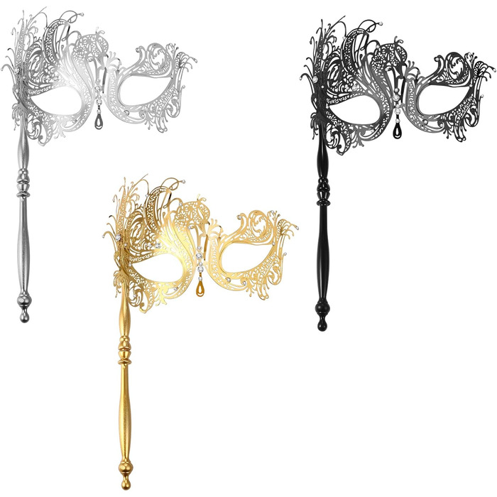 Набір з 3 венеціанських масок для жінок JewelryWe: металеві маски з стразами для карнавалу, Хелловіну, маскараду, з держателем