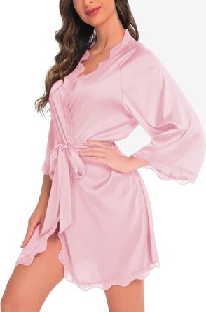 Легкий халат Aranmei для жінок з атласу, короткий, з V-подібним вирізом, 3/4 рукав, халат для нареченої/дуже близької подруги нареченої, з поясом, шовковий кімоно, нічна сорочка, розмір M, світло-рожевий
