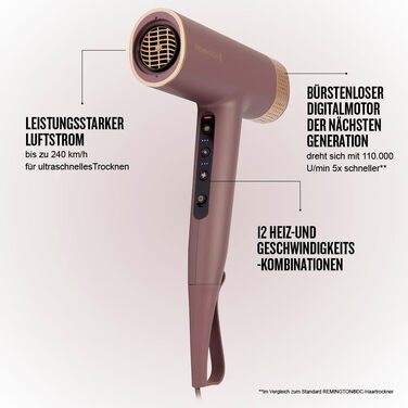 Фен для волосся Remington AIRvive EC8930 з безщітковим цифровим двигуном, іонною технологією та анти-фриз ефектом, 12 рівнів налаштувань, дифузор та насадка для стайлінгу