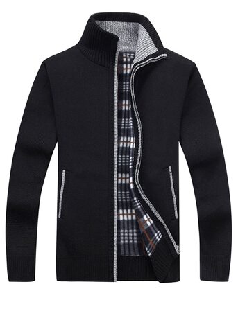 Чоловічий трикотажний кардиган на блискавці Slim Fit, теплий светр-жакет зі стійким коміром та кишенями, чорний (M)