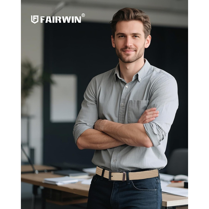 Еластичний плетеній ремінь Fairwin для чоловіків та жінок, тканинний розтяжний пояс (Кремовий, L: талія 91–107 см, довжина 115 см)