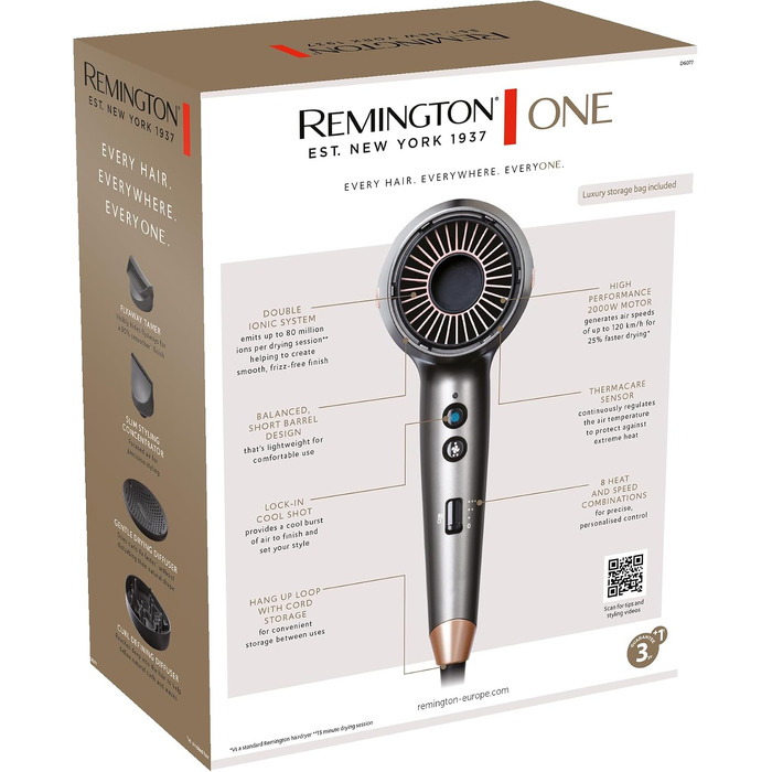Фен для волосся Remington ONE D6077 з іонізацією та 4 насадками (дифузори, концентратори), 8 режимів роботи, швидка сушка