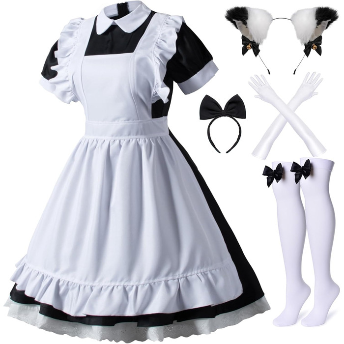 Костюм Аніме Лоліта Французька Служанка, Комплект з 6 предметів: Шюрка, Перчатки, Головний Убір, Шкарпетки, Костюм Cosplay, Чорний/Синій (XL)