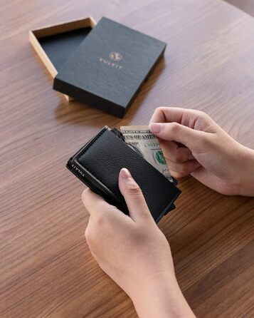 Шкіряний чоловічий картхолдер VULKIT з RFID захистом, міні-гаманець для карт та купюр, Коричневий (Litchi Schwarz)
