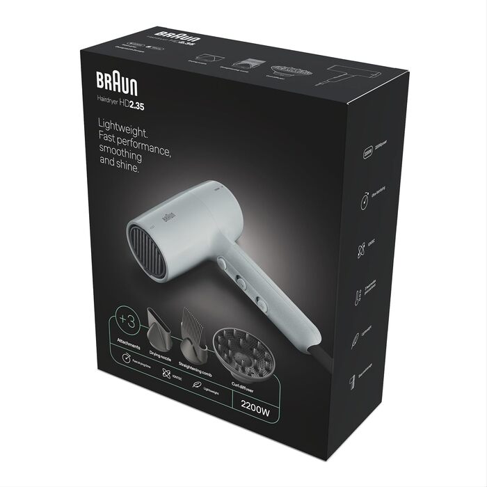 Фен для волосся Braun Haartrockner HD4.2 (BRHD235E) з дифузором та вузьким соплом, технологія Super IONTEC, 2100 Вт, 3 режими температури та швидкості, чорно-сірий