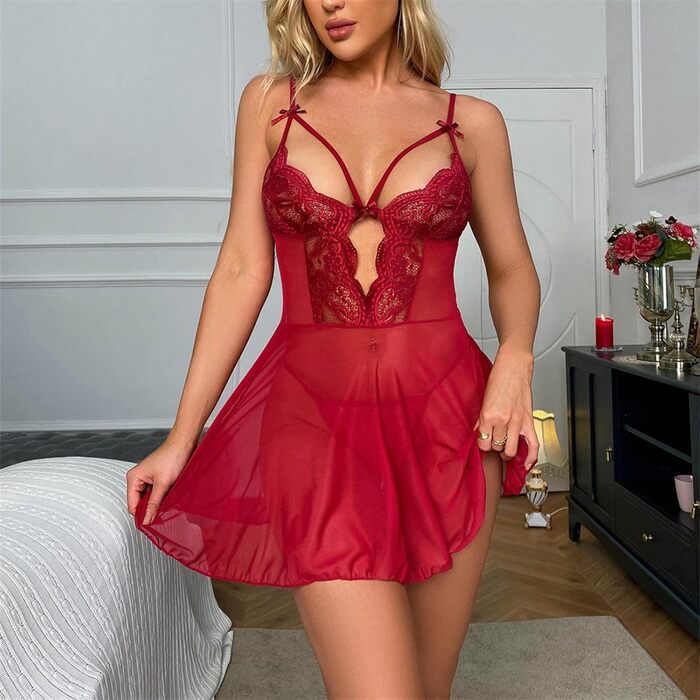 Жіноча сексуальна білизна: мереживний babydoll з V-подібним вирізом та G-string. Ідеальна нічна сорочка для свята Святого Валентина. Розмір M