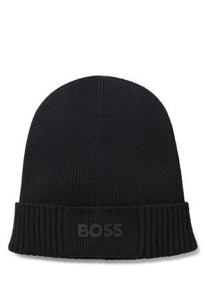 Чоловіча шапка-біні BOSS Asic Beanie-X з бавовни та віргинської вовни з логотипом, чорна, універсальний розмір