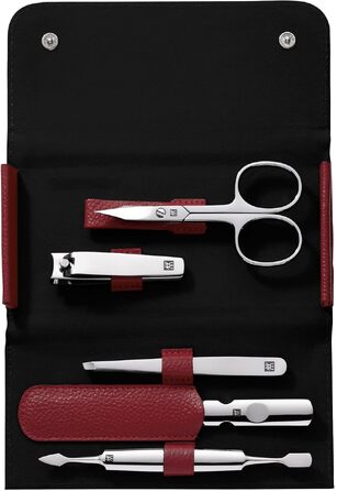 Набір для манікюру та педикюру ZWILLING (5 предметів), дорожній набір зі сталі з шкіряним футляром, червоний