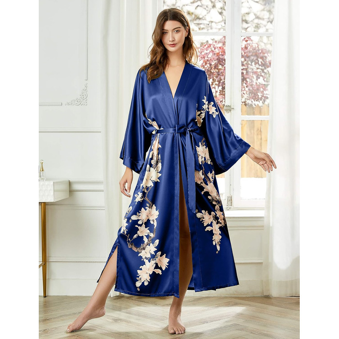 Кимоно-халат BABEYOND, довгий, атласний, квітковий принт, для нареченої та дружок, вечірка, весілля, дівич-вечір, універсальний розмір, темно-синій